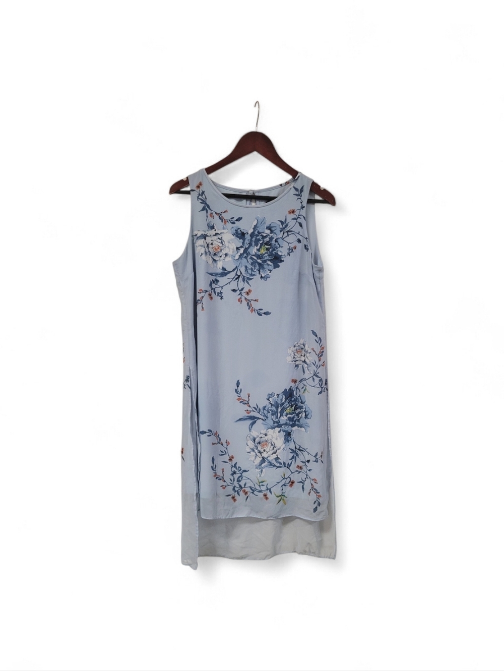 WHBM Sleeveless Light Blue Floral Shift Dress Medium Chiffon High Low Cottage